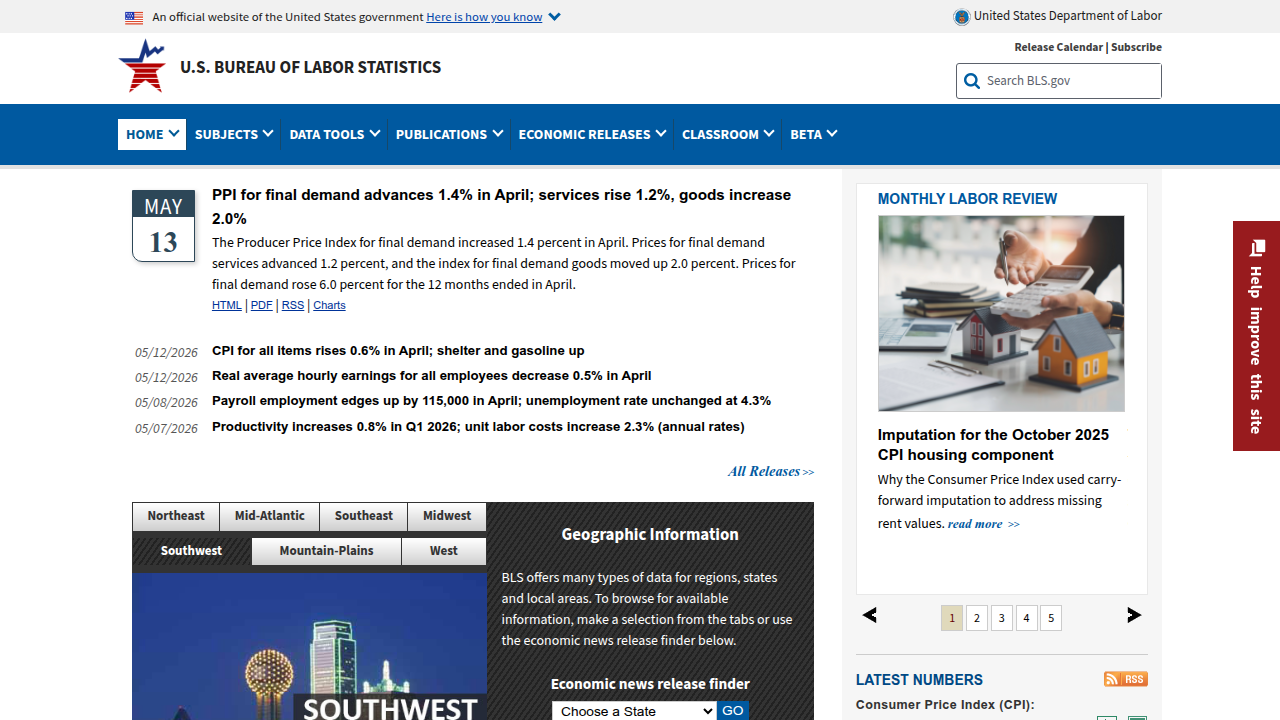 The homepage of the Bureau of Labor Statistics, a primary source for occupational outlook and job market data, including projections for psychology-related fields.