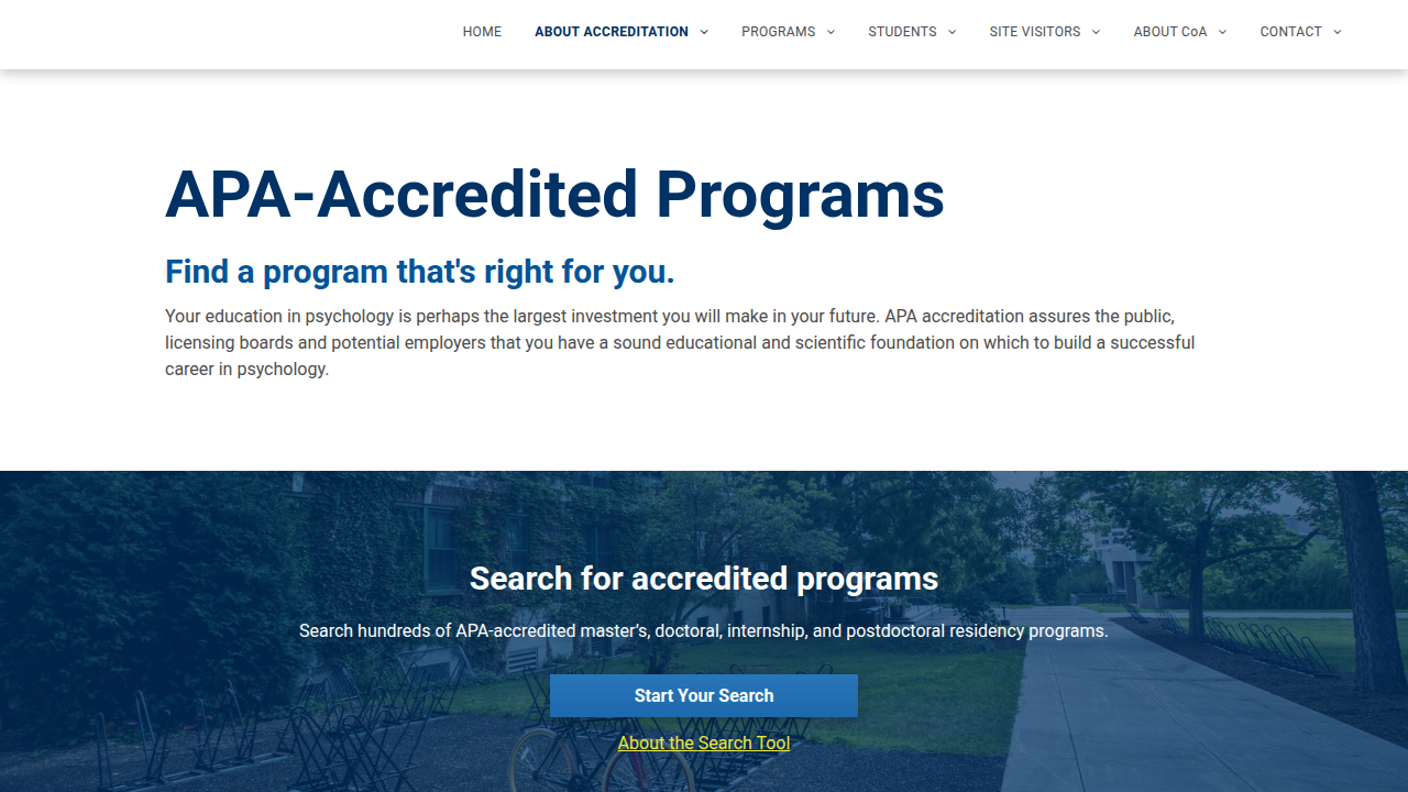 A screenshot of the American Psychological Association's database for accredited programs, a vital tool for prospective students to research valid psychology degrees.