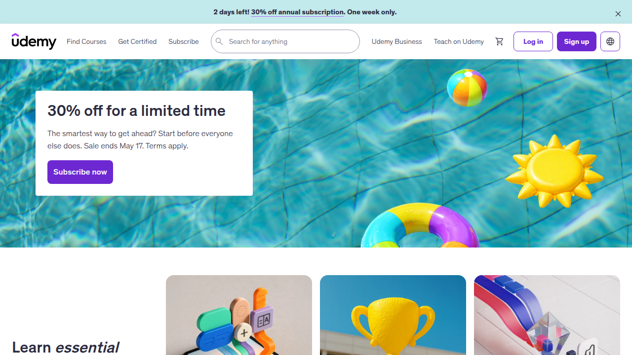 Screenshot of the Udemy online courses platform homepage, featuring a wide array of courses across various subjects.