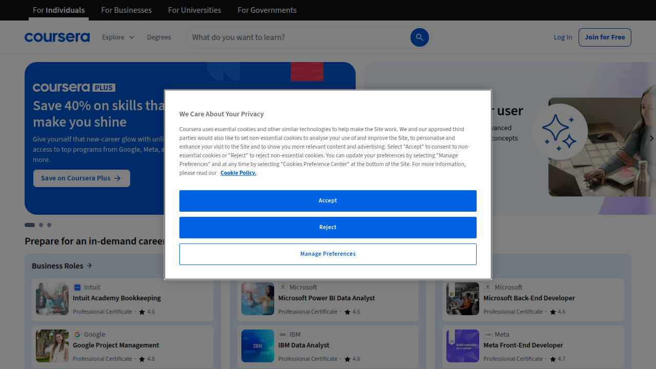 Screenshot of the Coursera homepage, showcasing its partnership with universities to offer structured academic courses and specializations.
