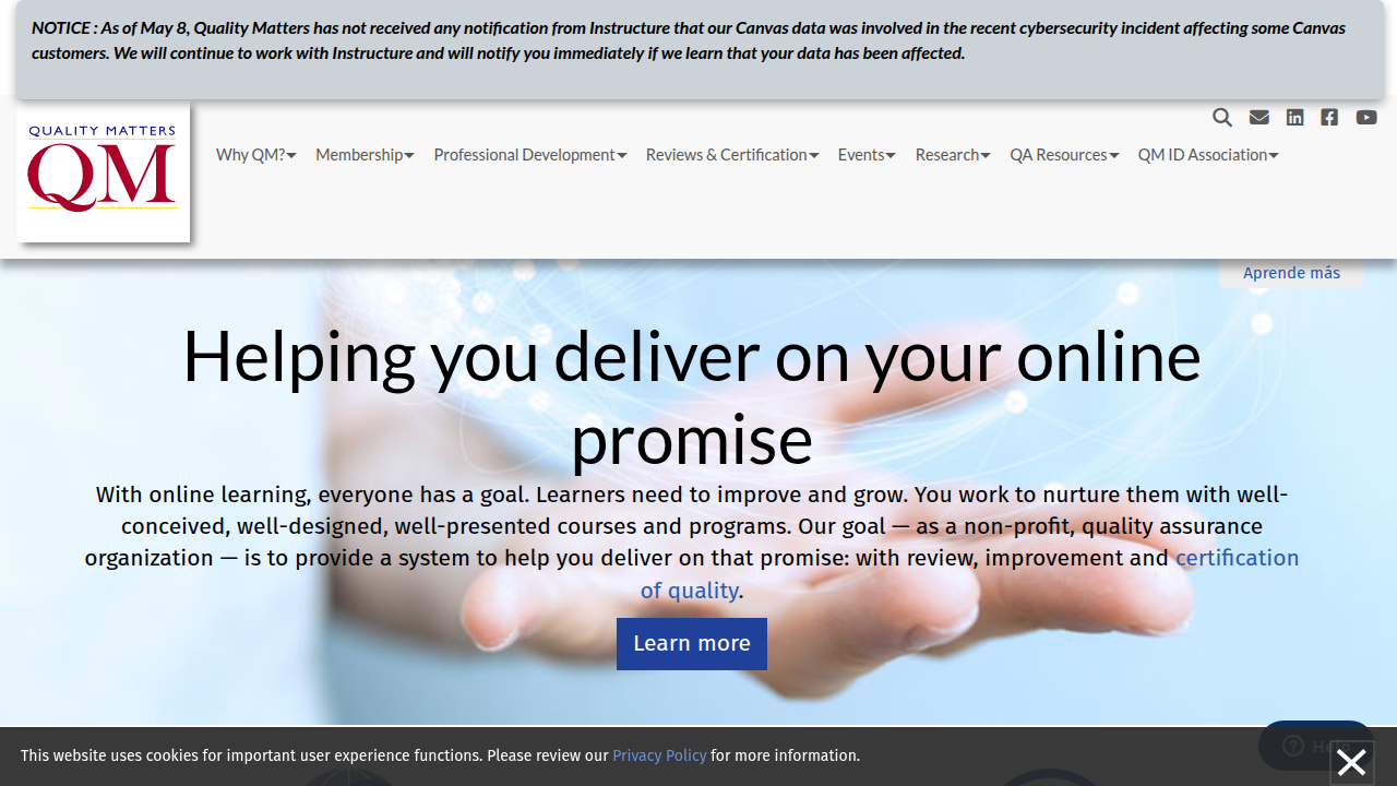 Screenshot of the Quality Matters organization's homepage, dedicated to promoting and improving the quality of online education through established standards.
