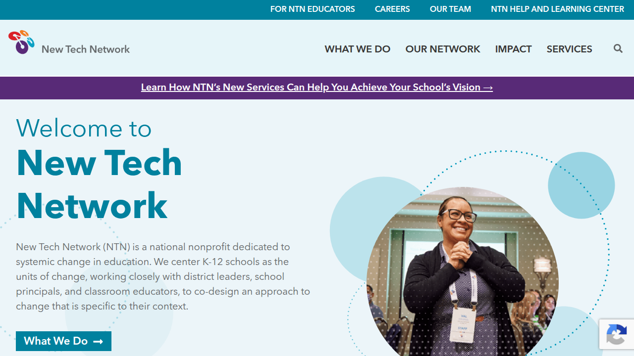 The homepage for New Tech Network, an organization focused on transforming learning through authentic project-based experiences.