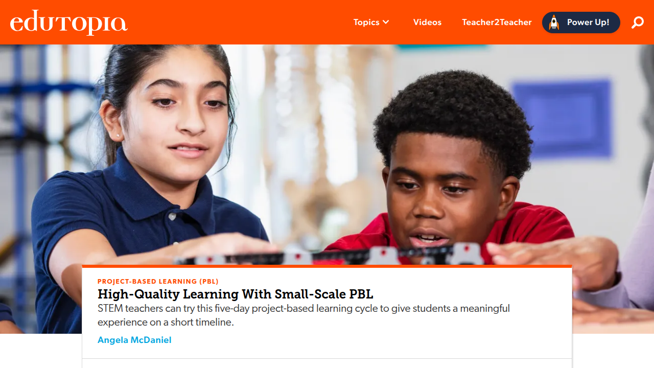 Edutopia's website, a comprehensive resource for educators, providing articles, videos, and guides on various teaching strategies, including PBL.