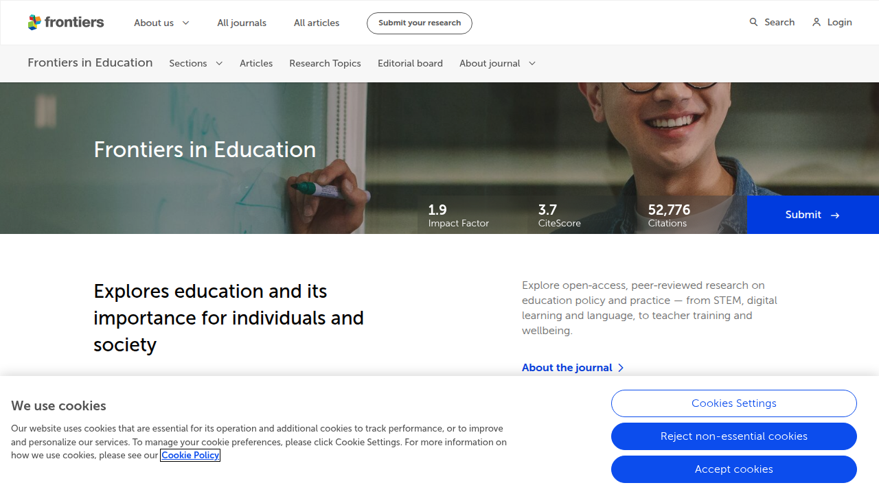 A screenshot of the Frontiers in Education journal's homepage, a publication where research on effective learning strategies like retrieval practice is often shared.
