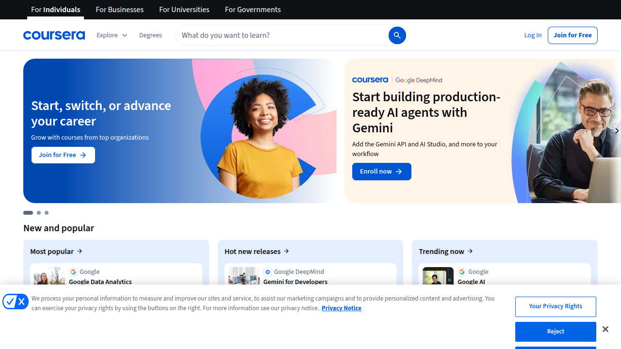 A screenshot of the Coursera homepage, representing how leading online platforms are integrating AI to provide personalized learning experiences and adaptive study plans.
