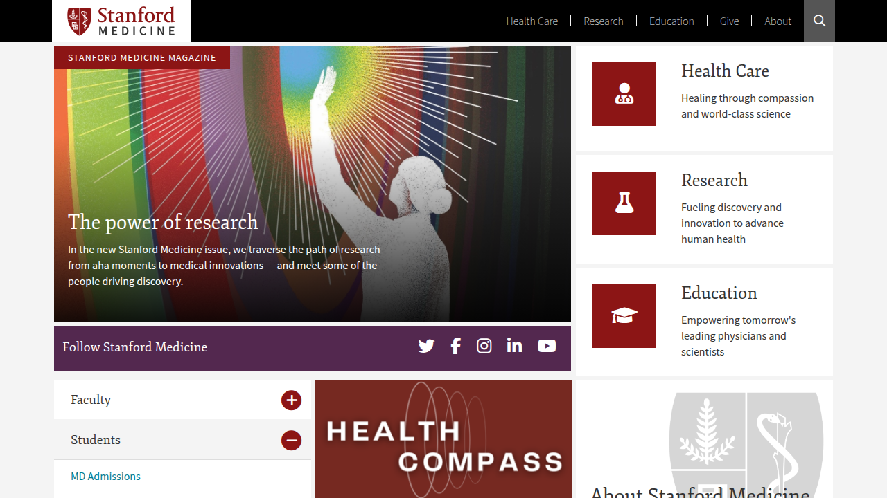 Stanford Medicine's website, a hub for medical research, where studies like the one on CBT strengthening brain circuits for depression are published.