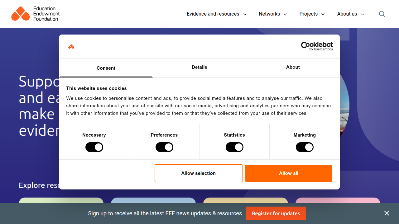 The homepage of the Education Endowment Foundation, providing evidence-based resources and tools for improving educational outcomes, including self-regulation strategies.