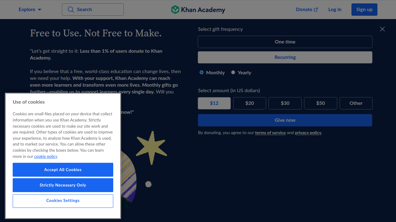 Screenshot of the Khan Academy website, an adaptive learning platform offering personalized education.
