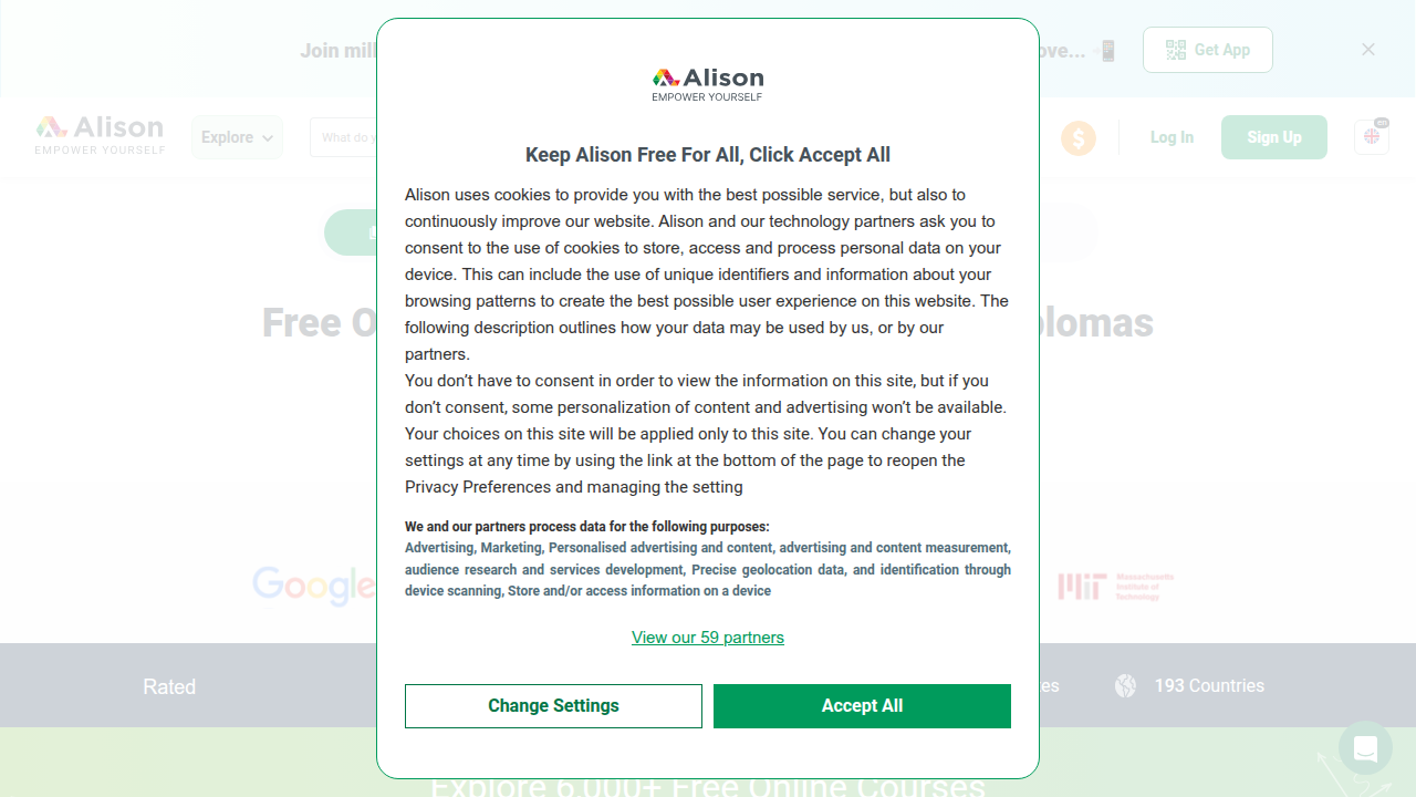 A screenshot of the Alison.com homepage, showcasing its mission for free online education and wide course offerings.