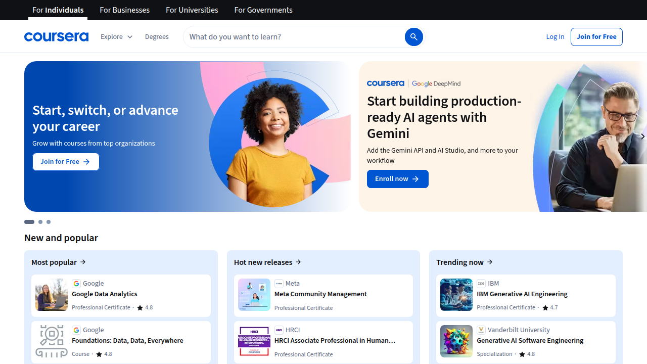 A screenshot of the Coursera.org homepage, a leading platform for online courses and degrees, often offering co-branded university content.