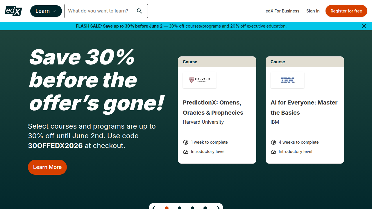 A screenshot of the edX.org homepage, another prominent online learning provider offering university courses and programs.
