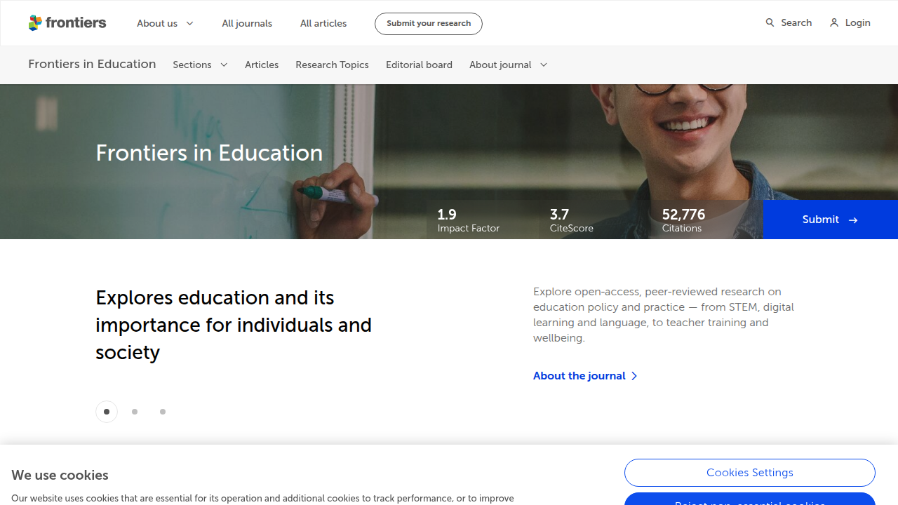 A screenshot of the Frontiers in Education homepage, highlighting research on interactive teaching strategies.