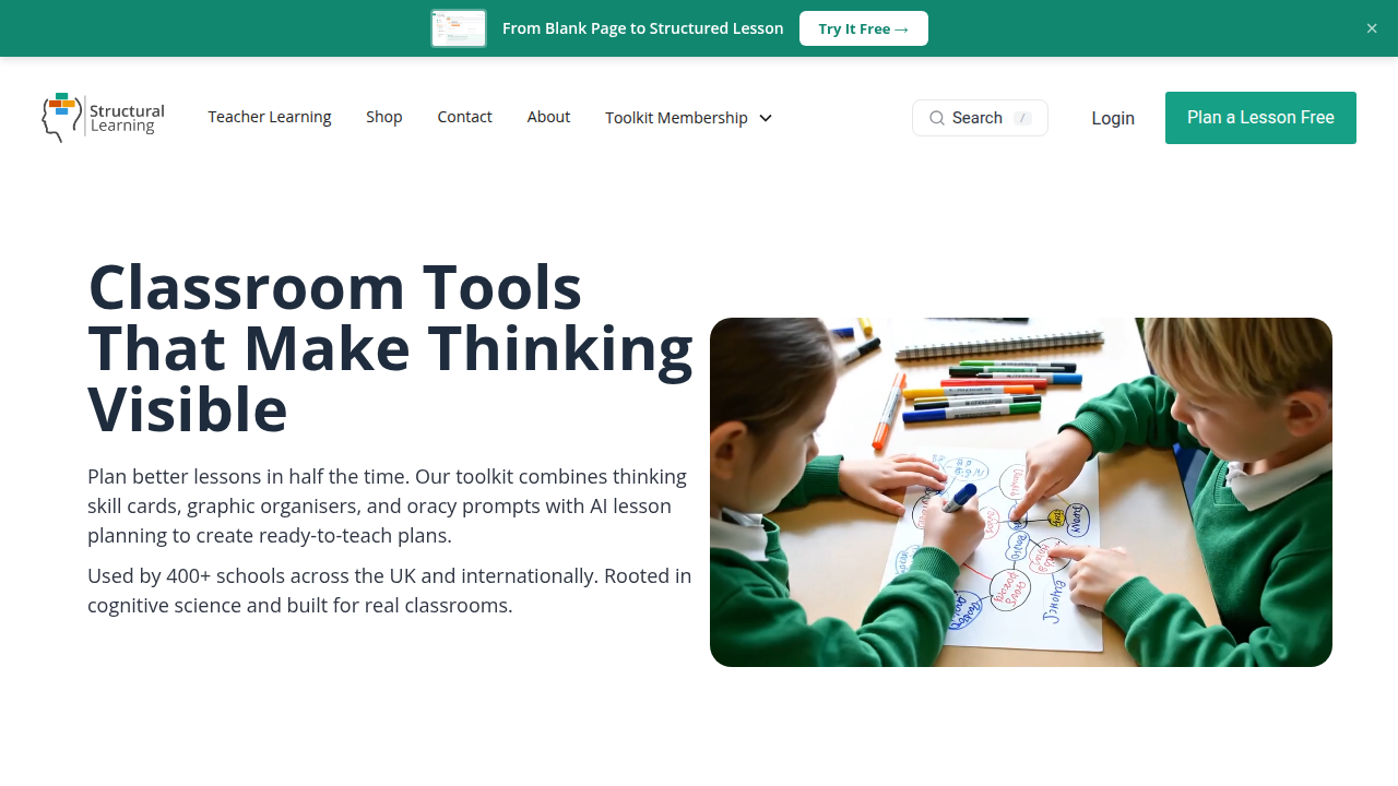 A screenshot of the Structural Learning website, a resource for educational psychology and teaching strategies.
