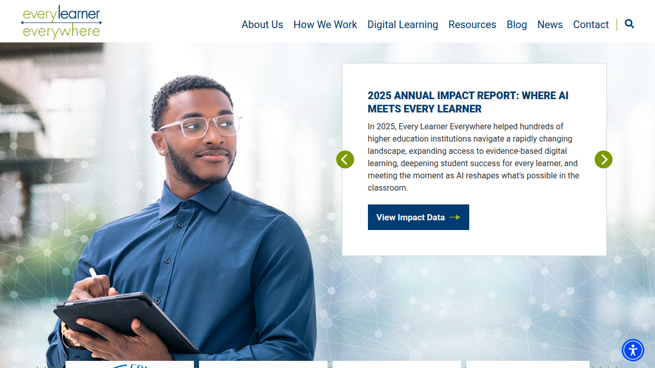 A screenshot of the Every Learner Everywhere website, dedicated to equity and evidence-based practices in higher education.