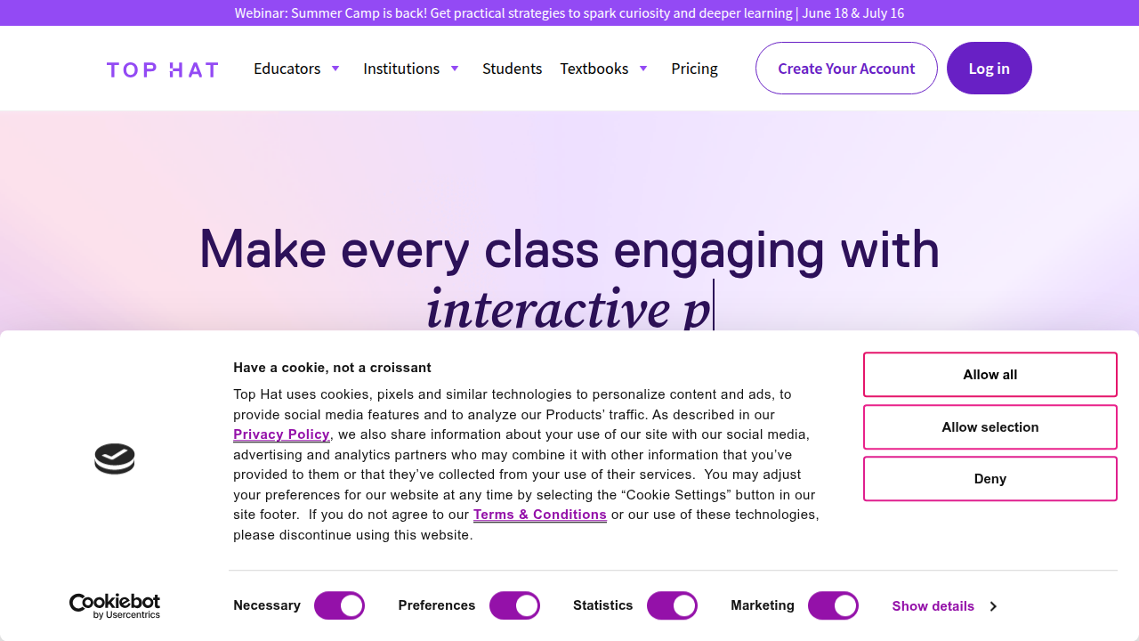 A screenshot of the Top Hat website, showcasing its features for student engagement and interactive learning.