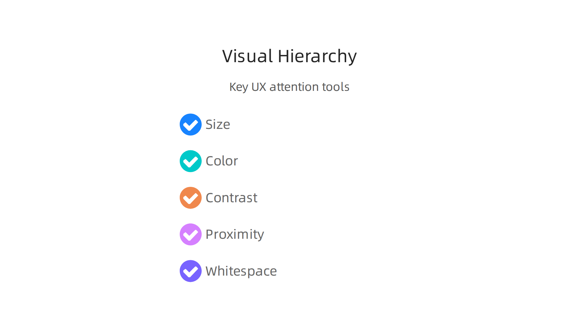 Key tools for establishing visual hierarchy to guide user attention and improve cognitive efficiency.