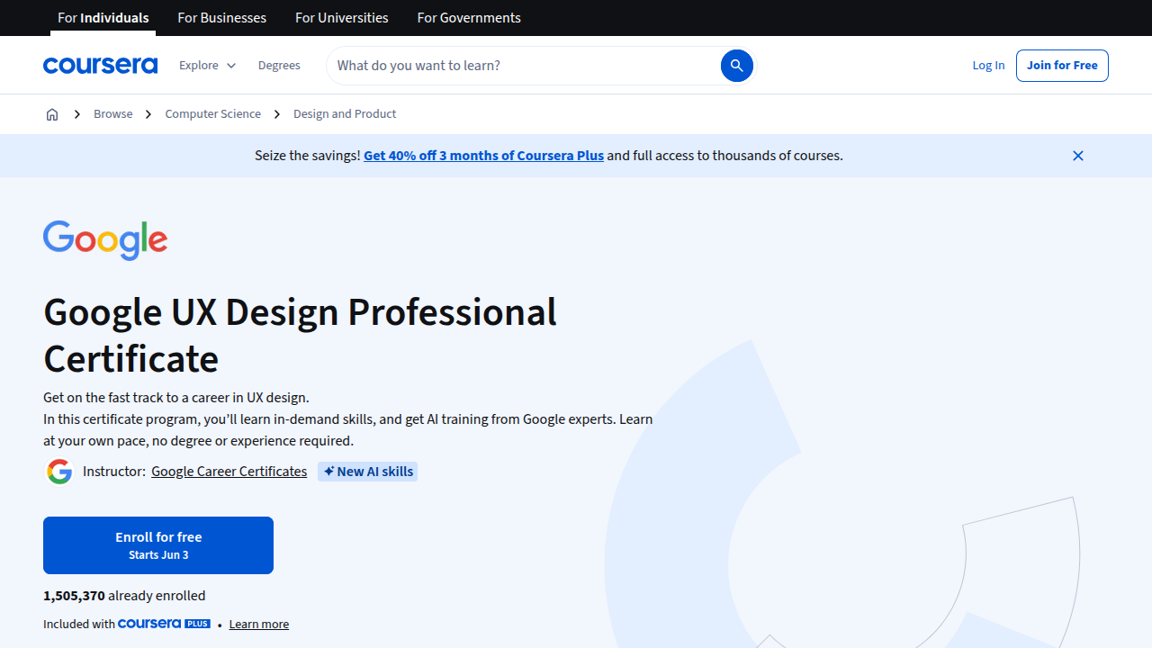 Coursera's page for the Google UX Design Professional Certificate, highlighting its curriculum and career benefits.
