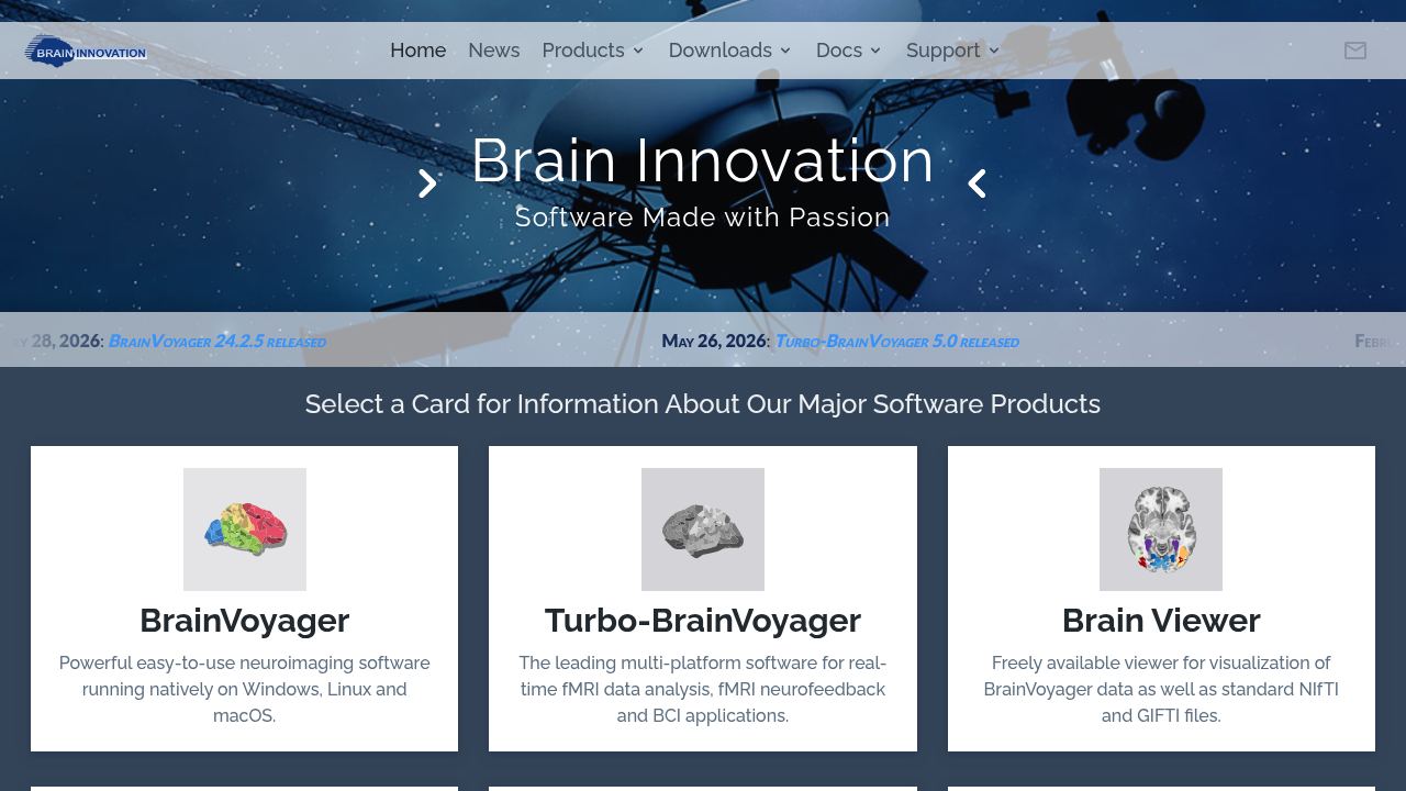 The BrainVoyager homepage, showcasing the comprehensive platform for brain imaging data analysis.