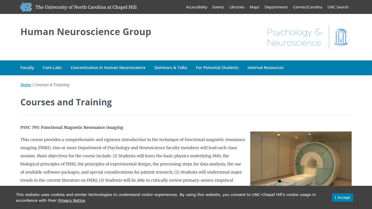 A screenshot of the University of North Carolina's Human Neuroscience Group courses page, illustrating academic offerings.