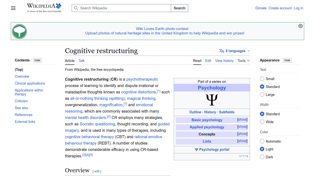 Wikipedia provides a comprehensive overview of cognitive restructuring, its origins, and its role in psychology.