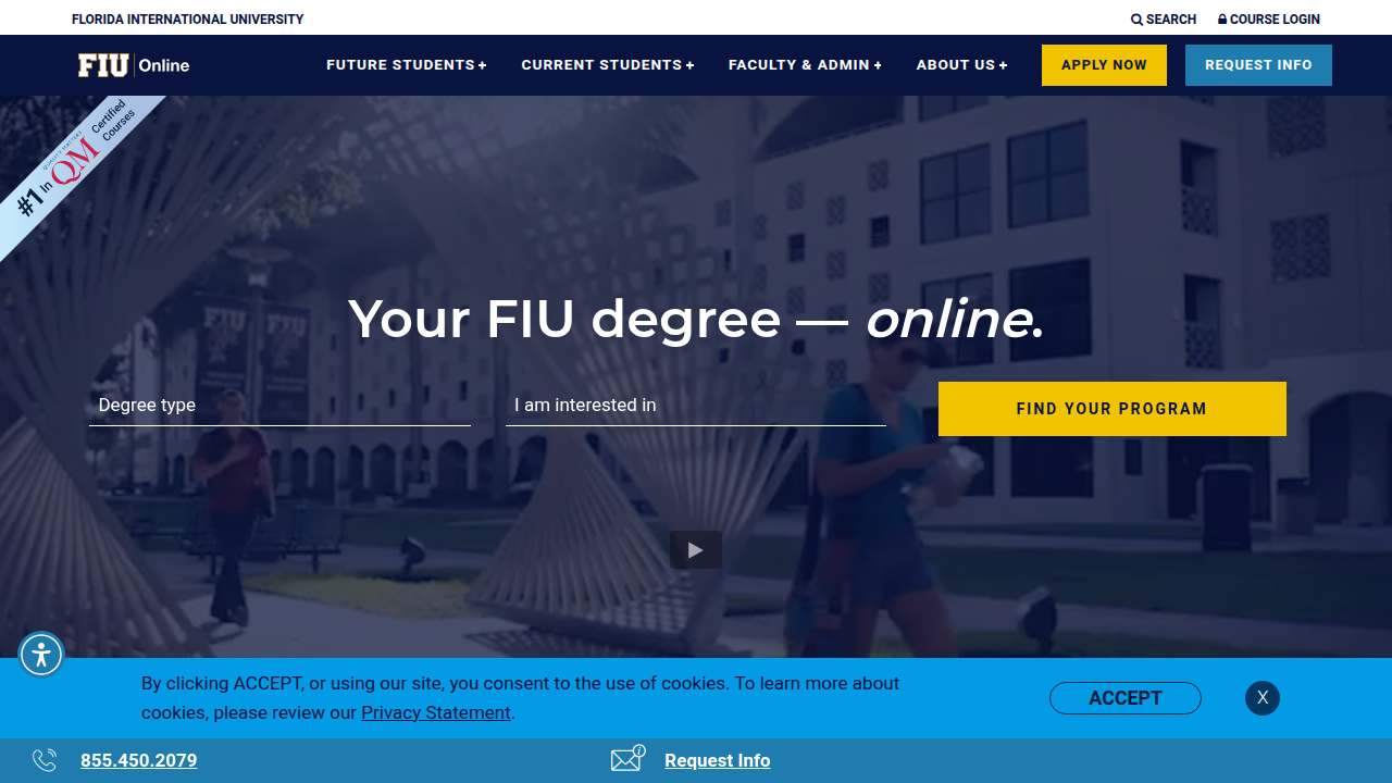 The official website for FIU Online, showcasing available online degree programs and resources.