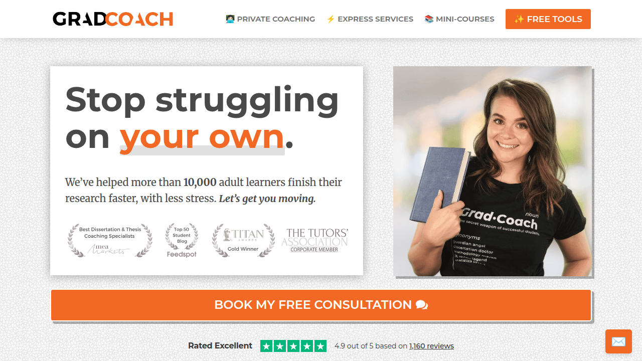 The homepage of Grad Coach, a resource providing guidance for academic research and thesis writing.