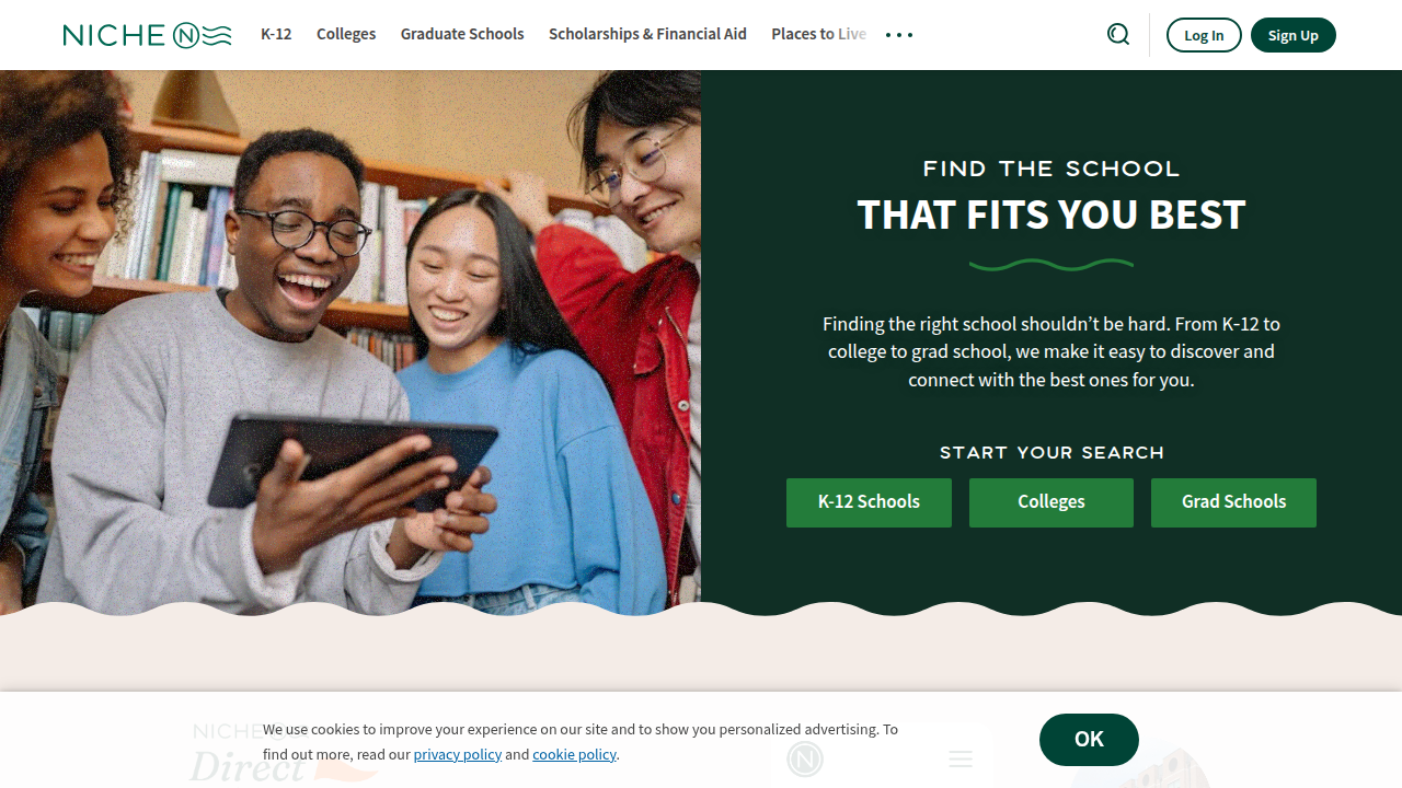 The homepage of Niche, a platform for school rankings and reviews.