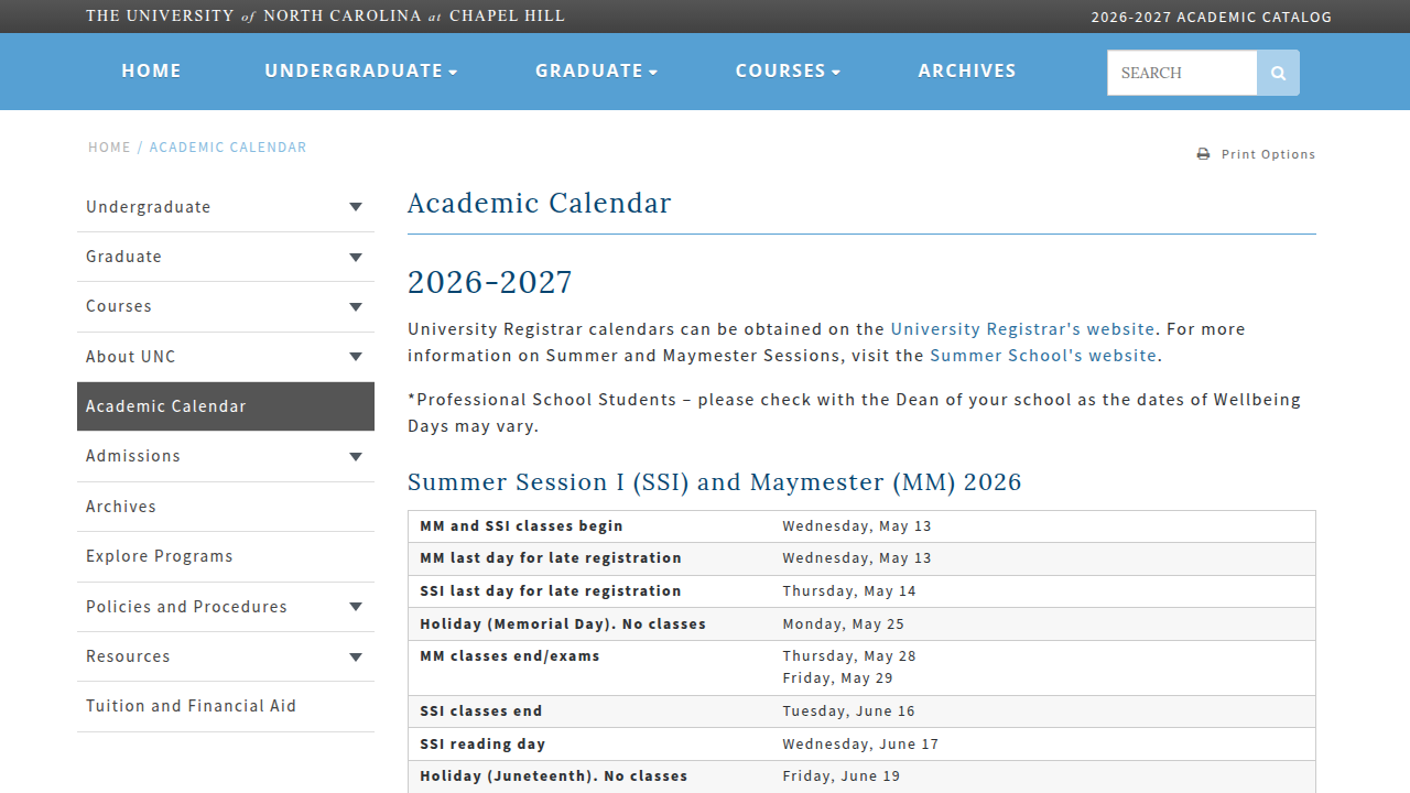 The official UNC Academic Calendar outlines key dates for semester planning.