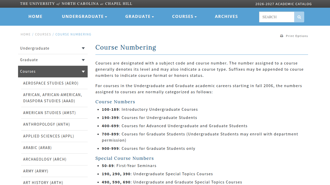 Understand course difficulty levels with UNC's official course numbering system guide.