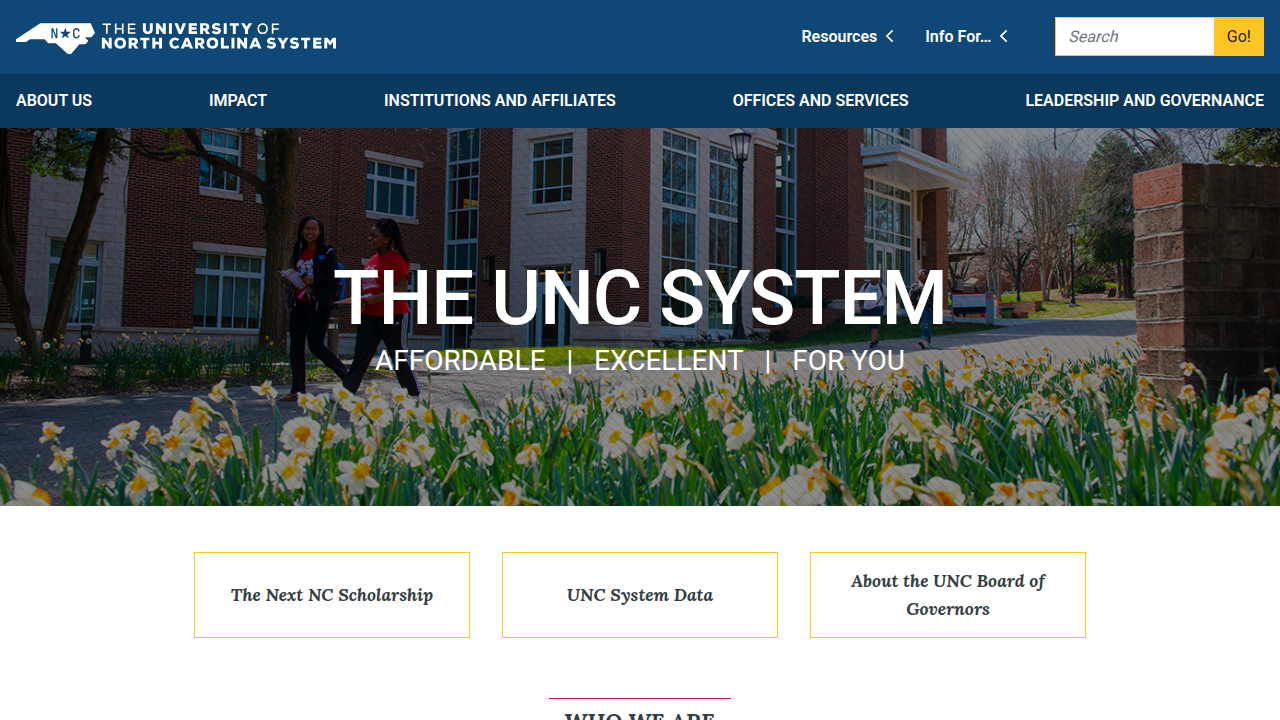 The official website for the University of North Carolina System, overseeing multiple institutions.