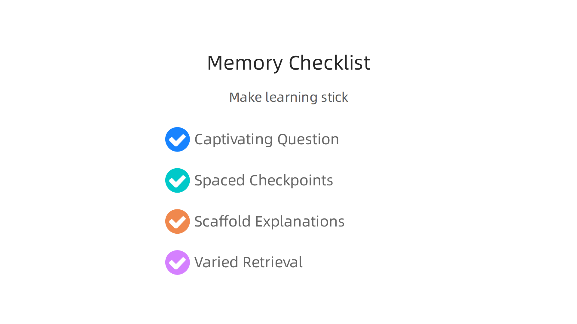 A checklist outlining steps to design science fair projects that promote lasting memory.