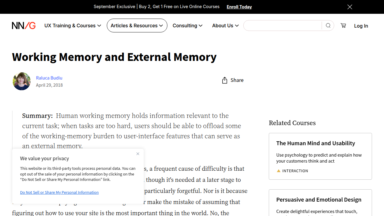 Screenshot of an NN/g article discussing working memory and its limits in user experience.