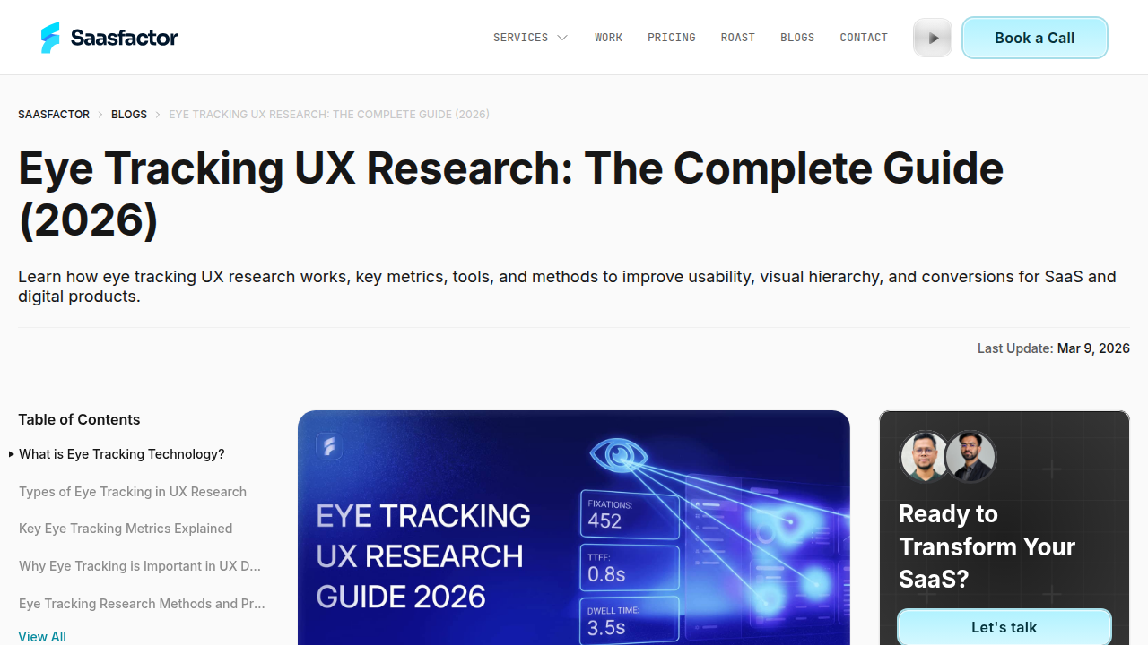 Screenshot of SaaSfactor's guide on eye-tracking UX research, a tool for understanding user attention.