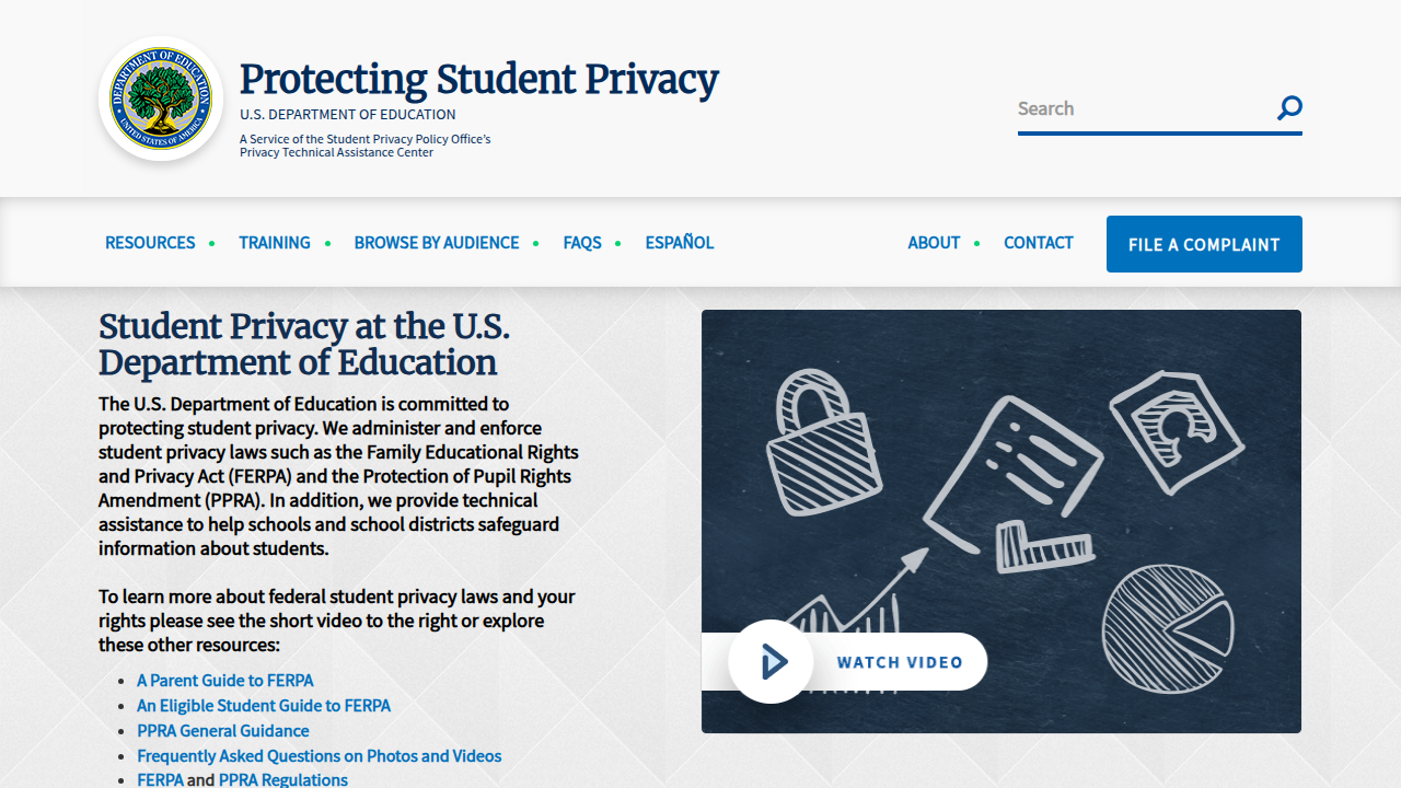The official U.S. Department of Education website for student privacy, highlighting FERPA.