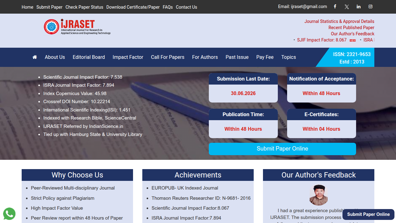 Homepage of IJRASET, an international journal publishing research on adaptive learning systems.