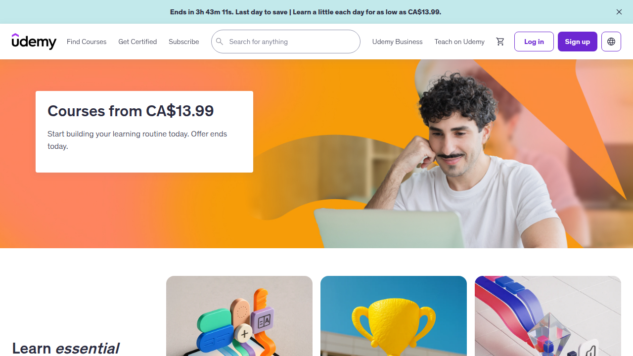Explore the homepage of Udemy, a popular platform offering a vast selection of online courses across various subjects.