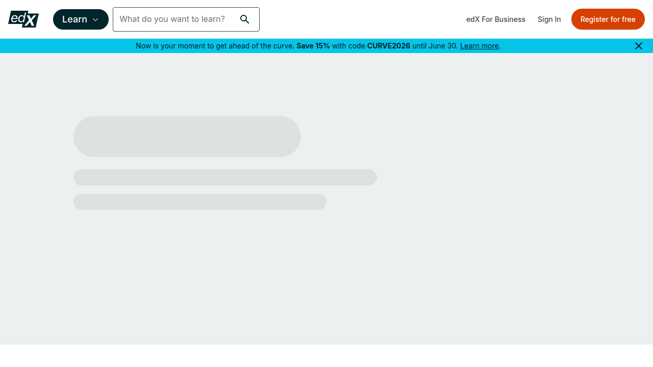 The edX homepage, featuring academic courses and MicroMasters programs from top educational institutions.