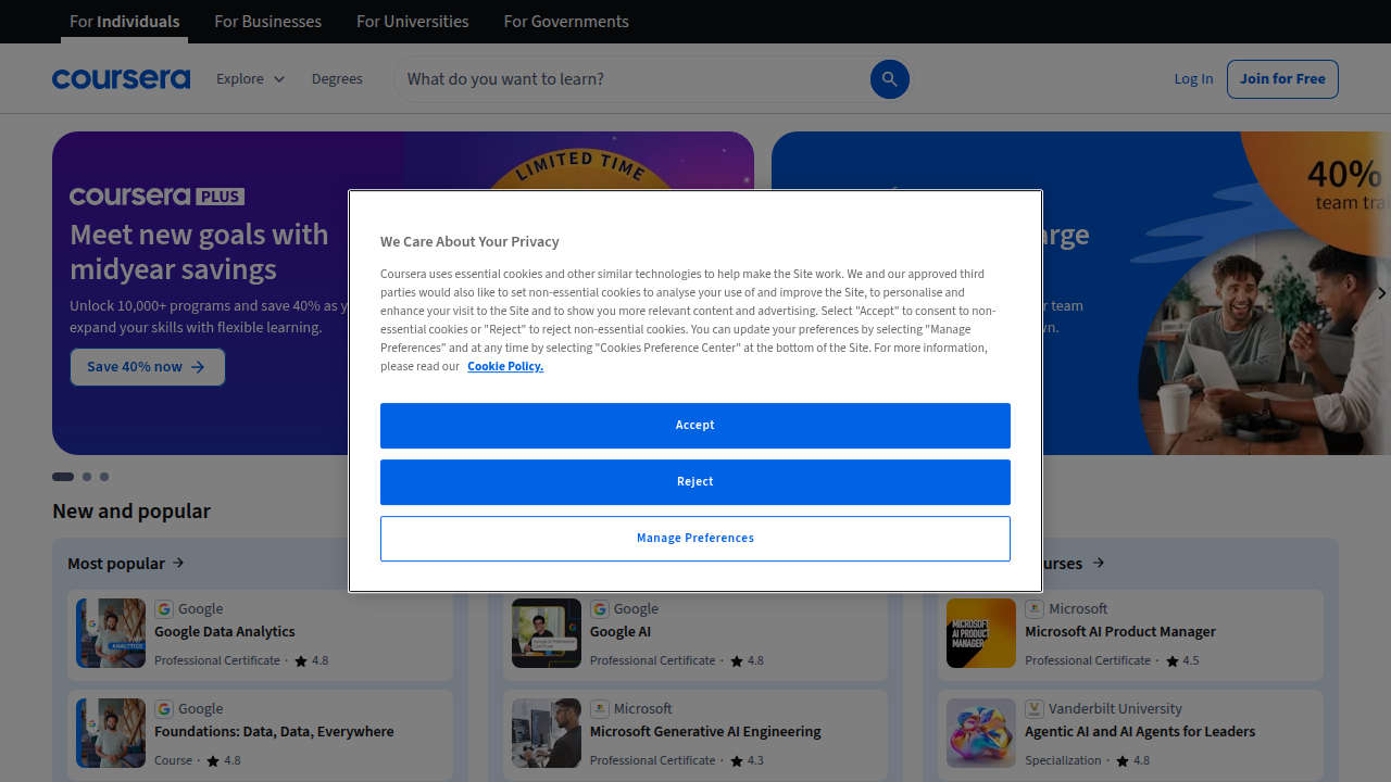 A screenshot of the Coursera homepage, showcasing its partnership with top universities and companies, and diverse course offerings.