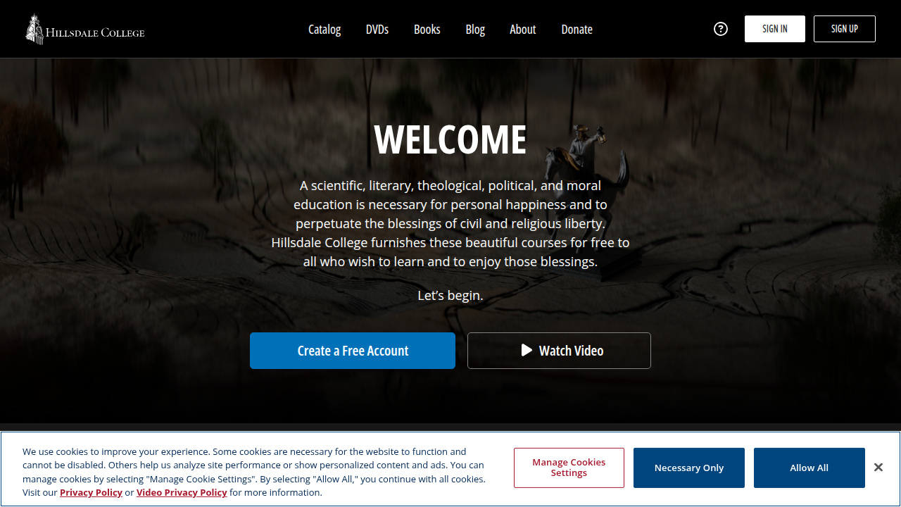 The official homepage for Hillsdale College's tuition-free online courses, showcasing their academic offerings.