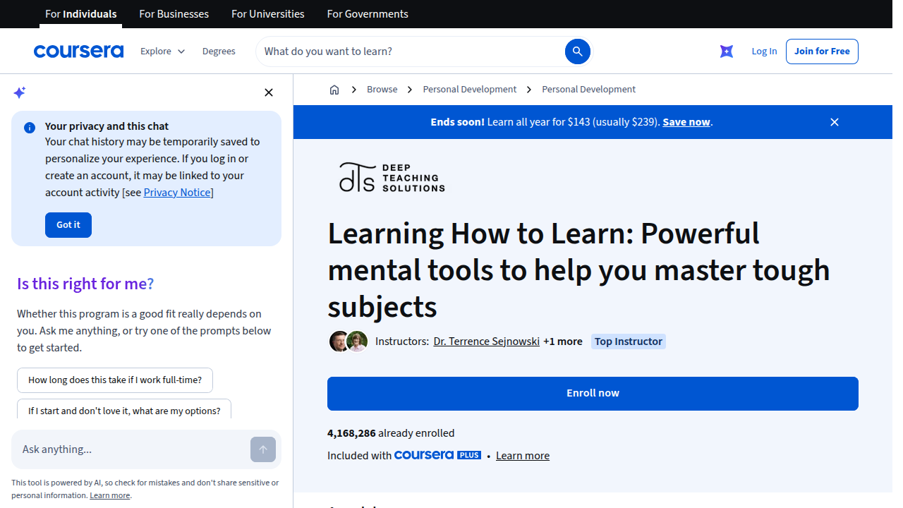 The Coursera course page for 'Learning How to Learn' by Dr. Barbara Oakley, a popular resource for memory improvement.