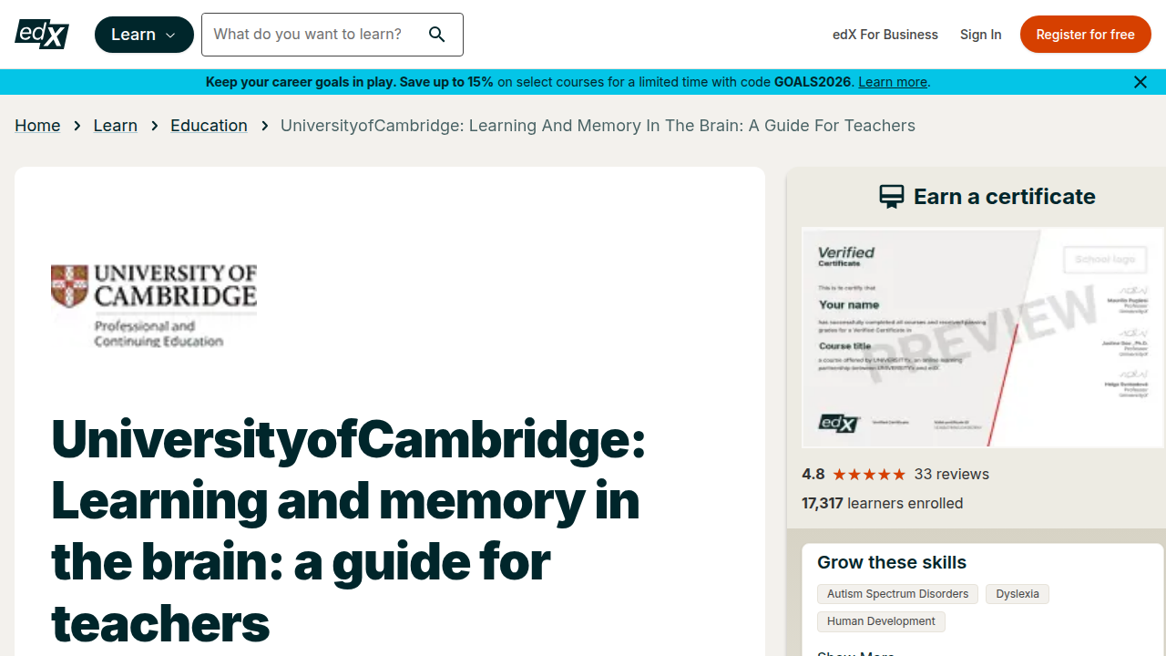 The edX course page for the University of Cambridge's 'Learning and memory in the brain: a guide for teachers'.