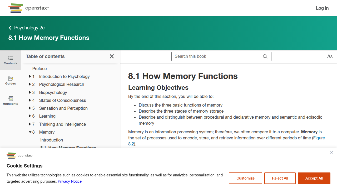 The OpenStax Psychology textbook chapter on 'How Memory Functions,' available for free online.