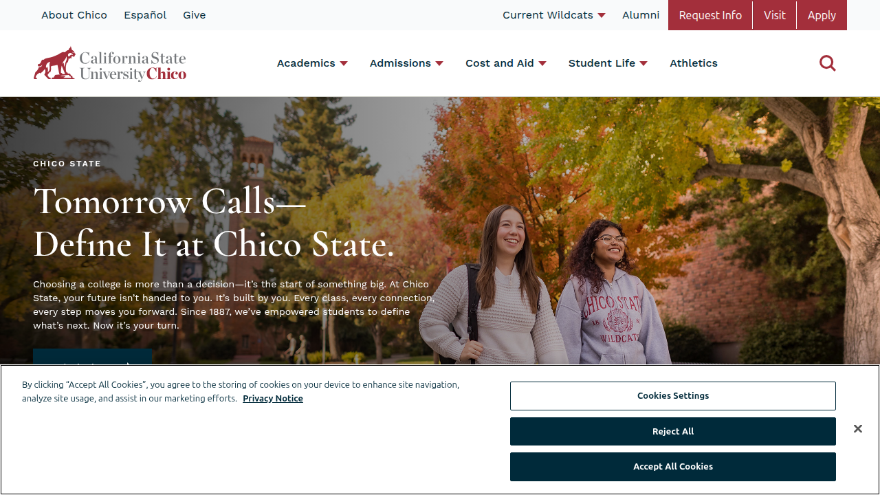 The official homepage for California State University, Chico, representing a typical CSU campus catalog entry point.