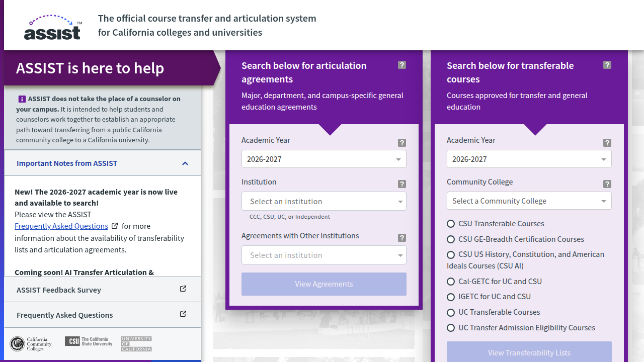 The ASSIST.org homepage, the official online student transfer information system for California's public colleges and universities.