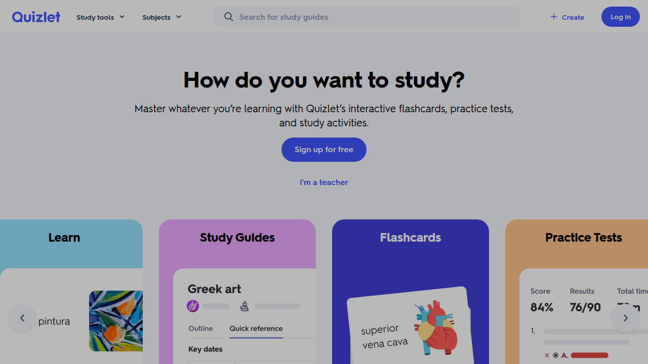 Visualize Quizlet's interface for creating or finding digital flashcards, designed to optimize memorization through spaced repetition.