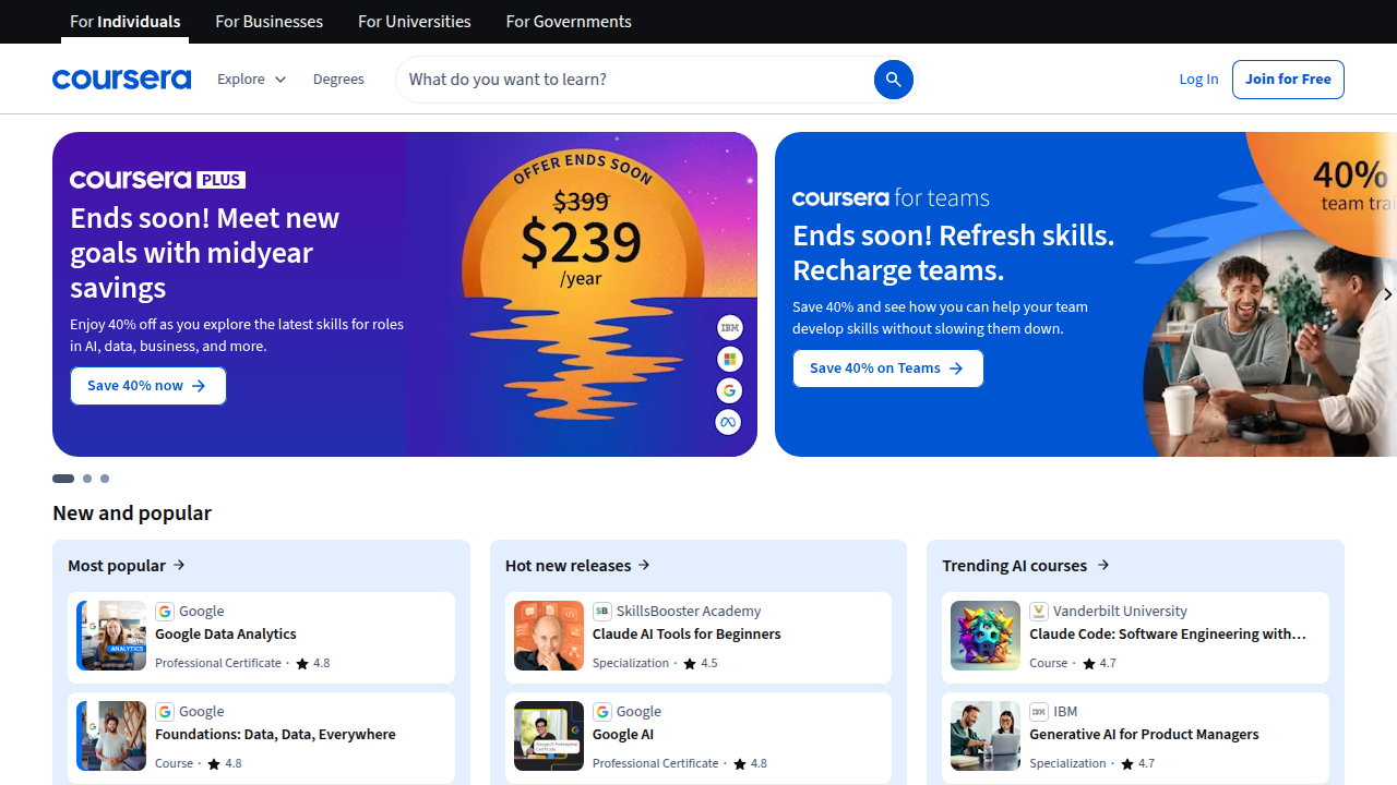 A view of Coursera's platform, highlighting its extensive catalog of university-level courses and professional certificates.