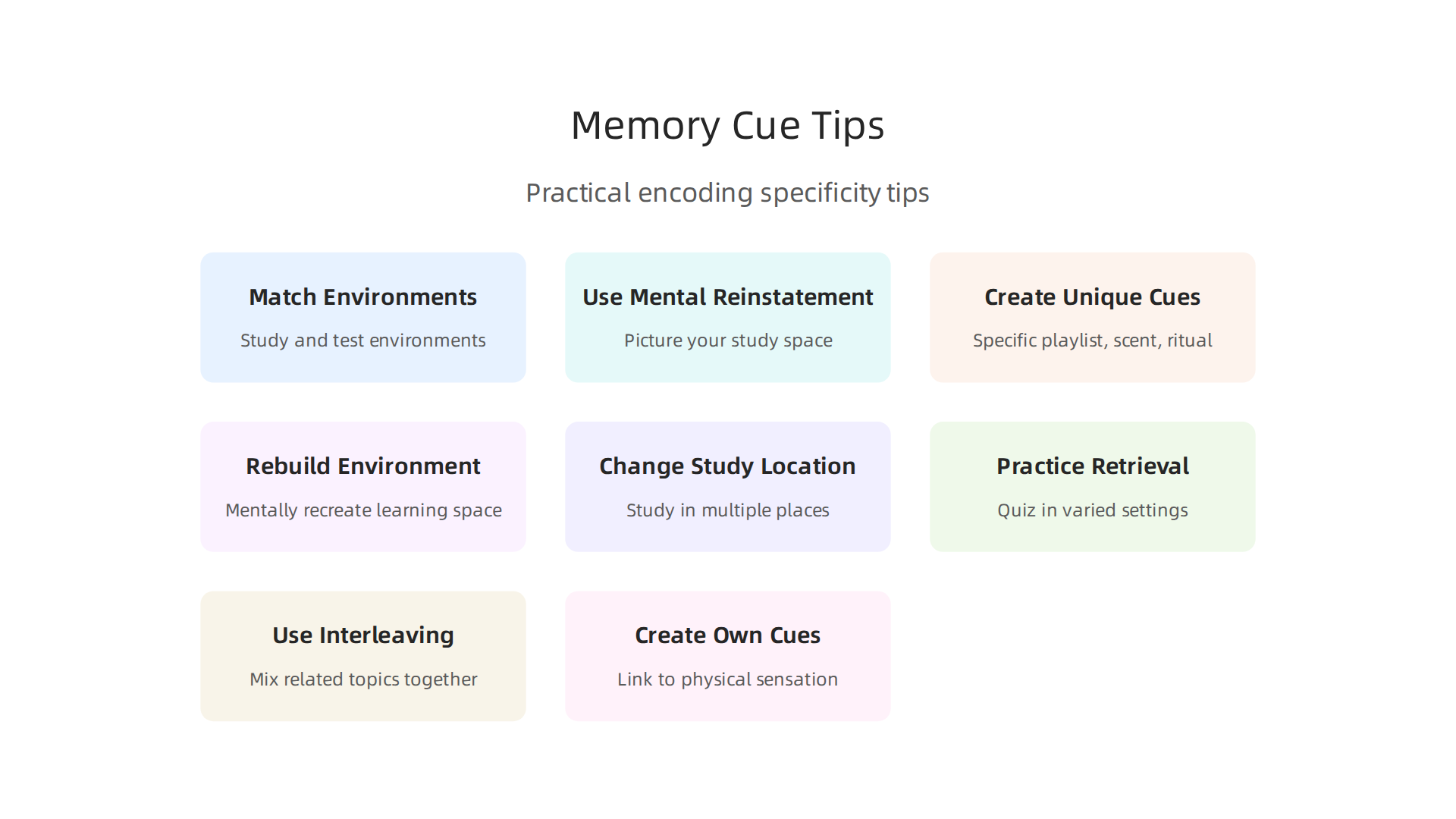 Practical tips derived from the encoding specificity principle to enhance memory recall.