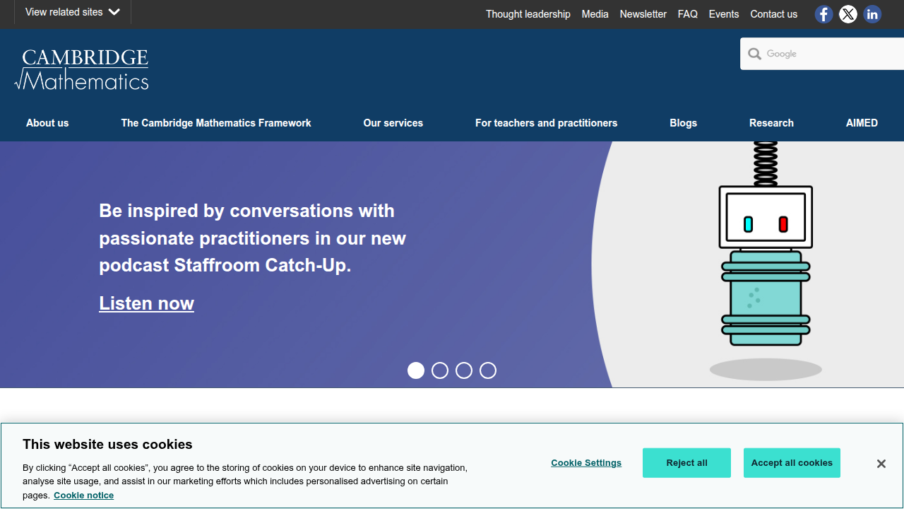 A screenshot of the Cambridge Mathematics homepage, relevant for research on exploratory data analysis in education.