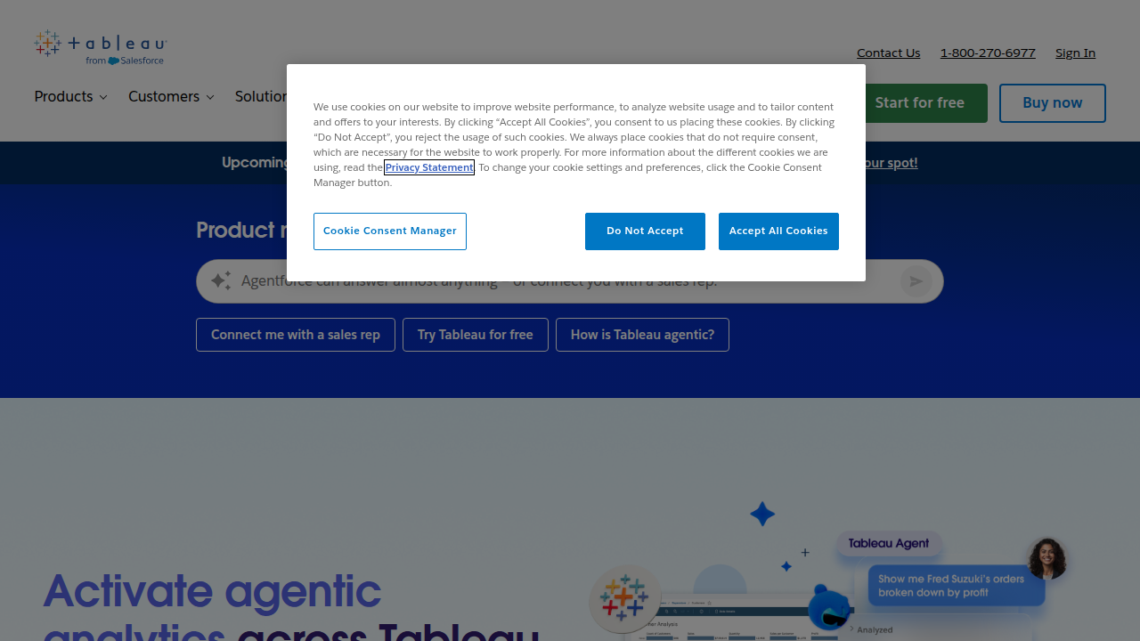A screenshot of the Tableau website, showcasing its capabilities for data visualization and dashboards.