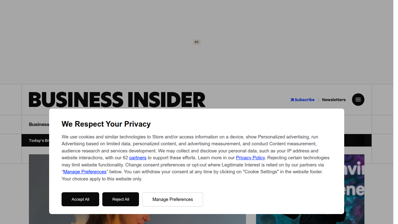 The Business Insider news website, a source for technology and business news, including articles on AI and patents.